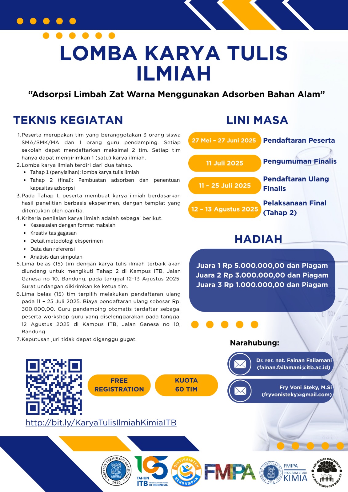 Lomba Karya Tulis Ilmiah Kimia ITB: “Adsorpsi Limbah Zat Warna Menggunakan Adsorben Bahan Alam”